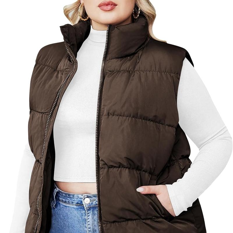 Holiday Haul IN'VOLAND Women's Plus Size Zip Up Puffer Vest Stand Collar Outerwear Sleeveless Padded Jacket Coat with Pockets Womenswear Fabric Adjustable Bodycon Cute Denim Dress