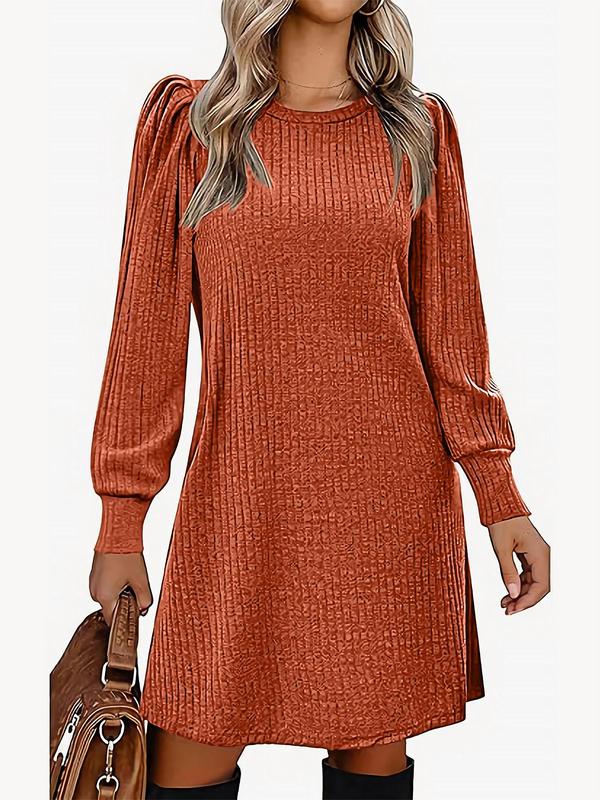 Women's Plain Pocket Round Neck A Line Dress, Casual Long Sleeve Crew Neck Short Dress for Fall & Winter, Women's Clothing for Daily Wear