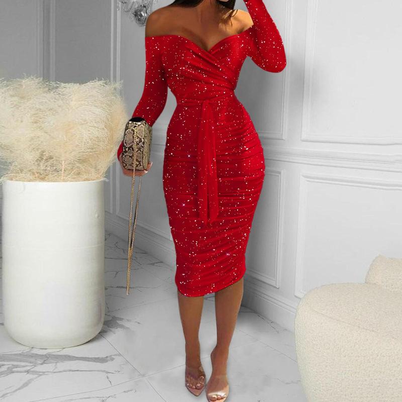 Women's Formal Red Dress, Sexy Off-Shoulder Long Sleeve, Slim Bodycon Ruched Hip Wrap Vintage Party Dress