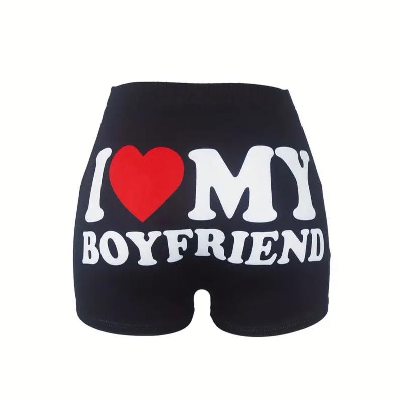 Women's Letter Print Skinny Shorts - Comfortable Elastic Waistband and Stylish Design i love my boyfriend shorts cute romantic love summer