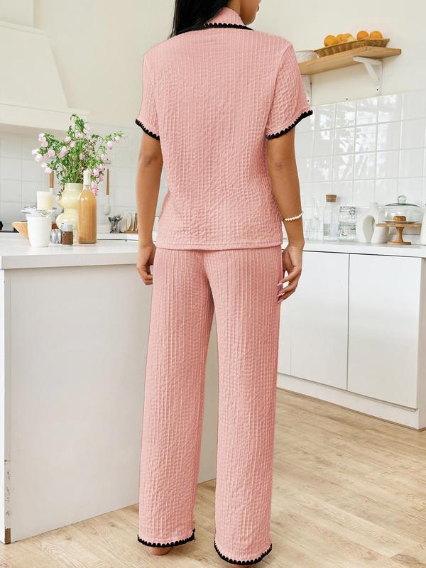 Two-Piece Set Women's Contrast Binding Lapel Neck Short Sleeve Blouse & Pants Pyjama Loungewear Set, Summer Clothes Women, Button Front Pocket Top & Wide Leg Pants Pj Set, Summer Wear 2024, Casual Comfy Sleepwear Homewear Set