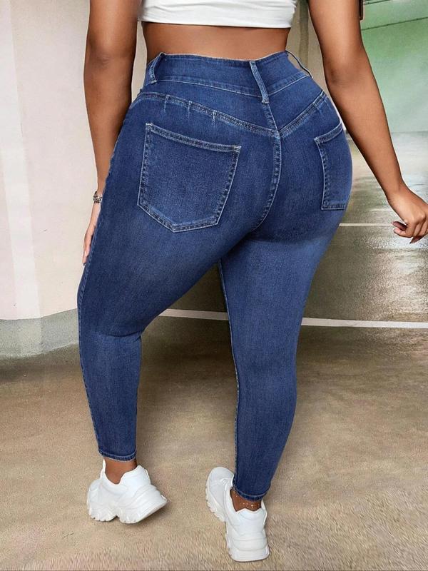 Plus Size Ripped High Waist Denim Pants, Fashion Casual Skinny Jeans for Daily Outdoor Wear, Women Plus Clothing for All Seasons