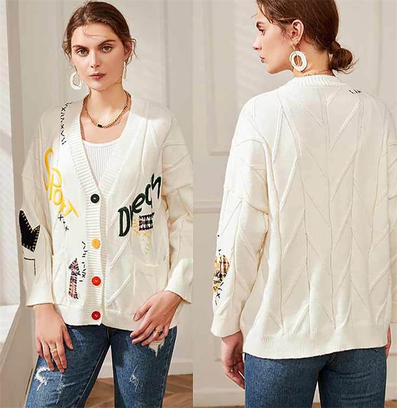 utcoco Womens Open Front Cardigan Cable Knit Long Sleeve Button Down Embroidery Cardigan Sweaters