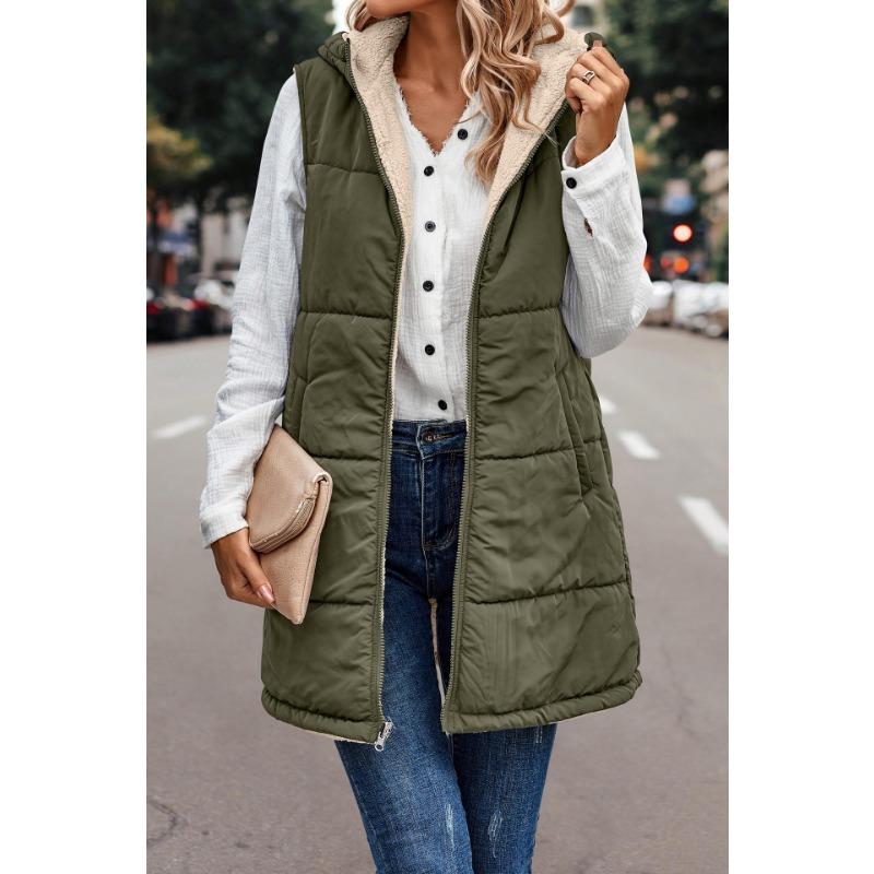 Women's 2024 Fall Reversible Vest Sleeveless Wool Jacket Zipper Hoodie Pocket Long Warm Winter Coat long  puffy vest  for women