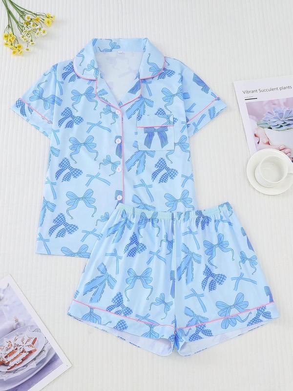 Two-Piece Set Women's All Over Bow Print Pocket Button Front Shirt & Bow Decor Shorts Pyjama, Casual Comfy Short Sleeve Lapel Top & Elastic Waist Shorts PJ Set, Ladies Summer Sleepwear, 2000s Wear 2000S Wear