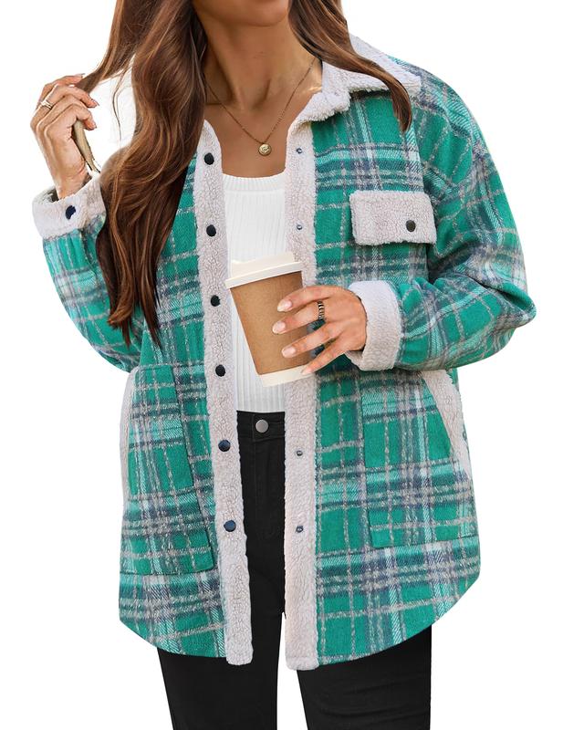 HOTOUCH Women's Plaid Printed Button Front Jacket,Fall and Winter Long Sleeve Pocket Jacket,Women's Everyday Jacket Comfort Womenswear Basic Coat