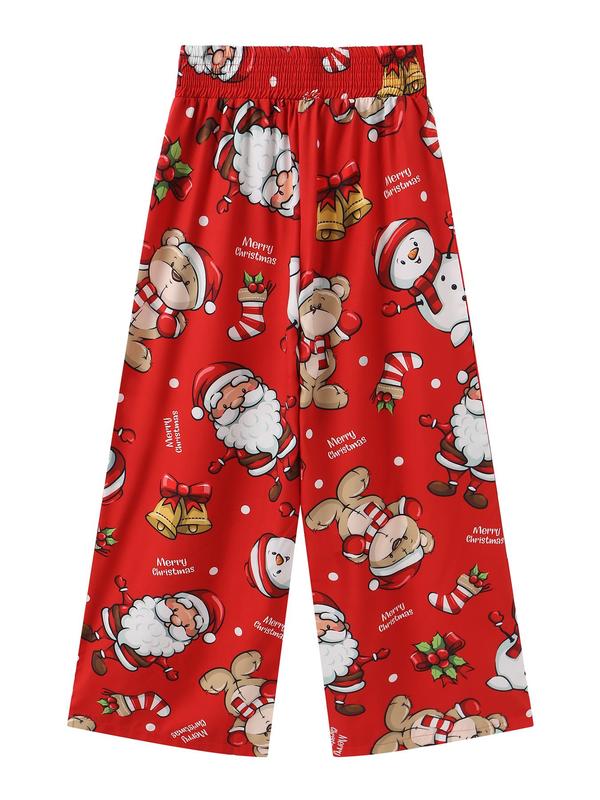 Women's Christmas Themed Cartoon Print Shirred Wide Leg Pants, Casual Comfy Elastic Waist Trousers for Daily Wear, Ladies Bottoms for All Seasons