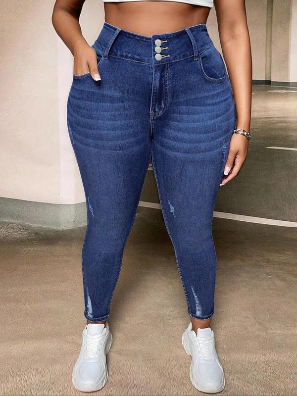 Plus Size Ripped High Waist Denim Pants, Fashion Casual Skinny Jeans for Daily Outdoor Wear, Women Plus Clothing for All Seasons