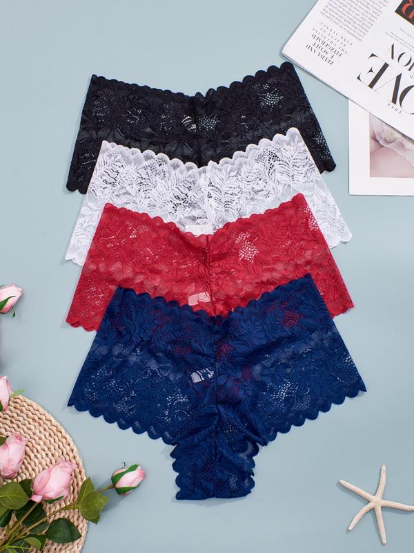 Plus Size 4pcs Solid Sheer Floral Lace Knicker, Casual Comfortable Breathable Panties for Daily Wear, Women's Underwear for All Seasons