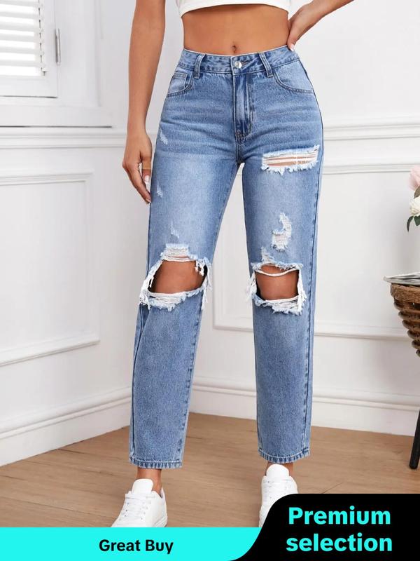 Women's Basic Plain Button Pocket Ripped Vintage Jeans, Summer Clothes, Jeans for Women, Fashion Streetwear, Minimalist Comfort High Waist Distressed Denim Pants, for Daily Wear, Womenswear Trouser