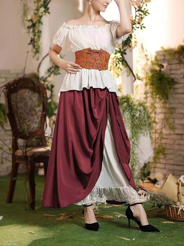 Women's Contrast Lace Double Layer A Line Skirt, Retro Elegant Elastic Waist Long Skirt for Party Holiday Wedding Guest, Ladies Bottoms for All Seasons