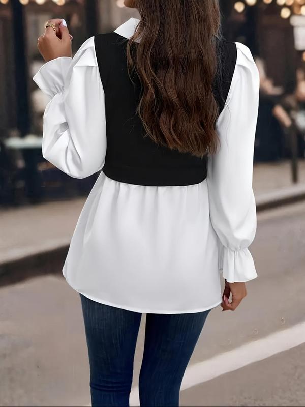 Women's Colorblock 2-in-1 Flounce Sleeve Peplum Hem Blouse, Casual Long Sleeve Collar Top for Daily Wear,  Going Out Tops, Ladies Clothes for All Seasons