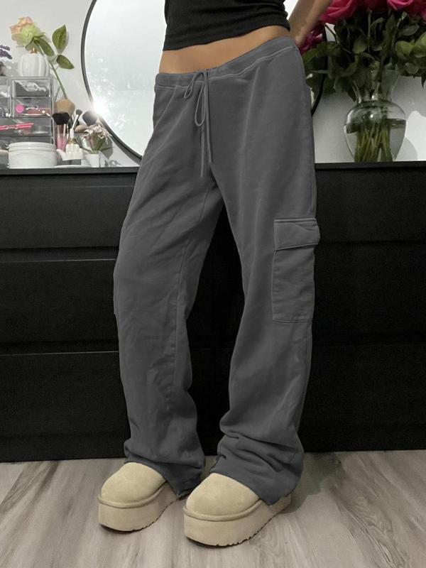 Women's Plain Drawstring Waist Straight Leg Sweatpants, Casual Pocket Drop Waist Trousers for Fall & Winter, Women's Bottoms for Daily Wear