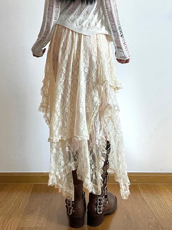 Women's Asymmetrical Hem Frill Trim Lace Vintage Skirt, Boho Long Layered Skirt, Summer Bottoms, Skirts for Women, Fall Clothes, Ladies' Summer Clothes for Daily Wear, Downtown Girl Clothes