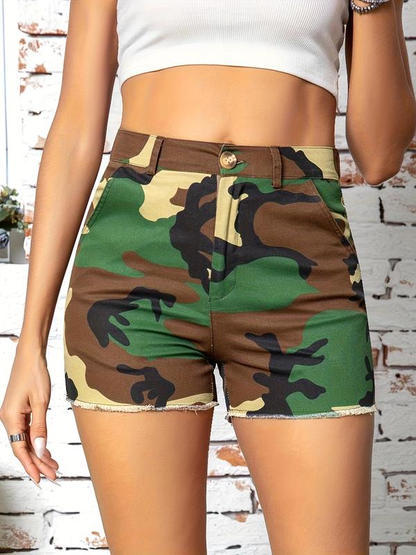 Women's Camo Print High Waist Button Front Skinny Shorts, Lady Casual Comfy Camouflage Shorts for Summer, Summer Clothes Women, Back To School Outfits, Ladies Comfort Bottoms for Daily Wear, Womenswear, Workout Shorts