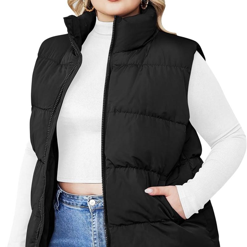 Holiday Haul IN'VOLAND Women's Plus Size Zip Up Puffer Vest Stand Collar Outerwear Sleeveless Padded Jacket Coat with Pockets Womenswear Fabric Adjustable Bodycon Cute Denim Dress