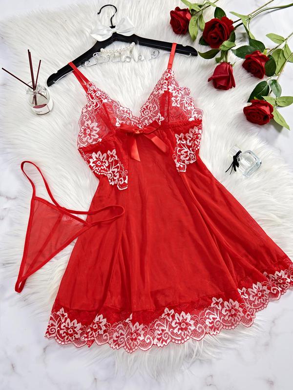 Plus Size Contrast Floral Lace Bow Decor Cami Nightdress & Sheer Thong Sexy Lingerie Two-piece Set, Adjustable Strap Nighty Dress & Panty Set, Women's Sleepwear Set for All Seasons