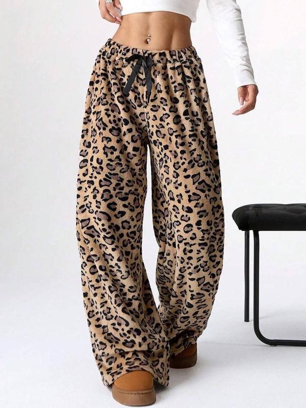 Women's Leopard Print Bow Front Wide Leg Pants, Casual Comfy Trousers for Daily Wear, Ladies Bottoms for Fall & Winter