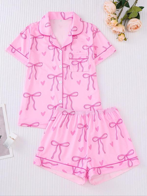 Two-Piece Set Women's All Over Bow Print Pocket Button Front Shirt & Bow Decor Shorts Pyjama, Casual Comfy Short Sleeve Lapel Top & Elastic Waist Shorts PJ Set, Ladies Summer Sleepwear, 2000s Wear 2000S Wear