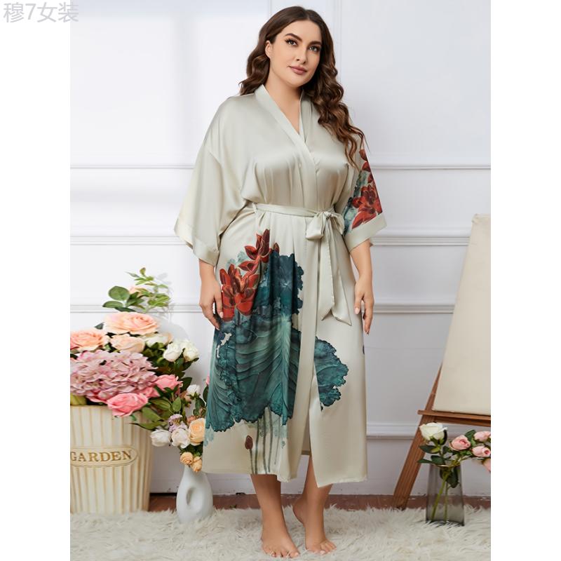 Plus Size Elegant Long Robe - Soft Graphic Print, Long Sleeve, Slight Stretch, One-Size Fits Most, Comfortable, Luxurious, Ramadan-Inspired Design, Women's Bathrobe for Relaxation Womenswear Collar Dress Loungewear Gowns Nightwear bridal robes Fabric