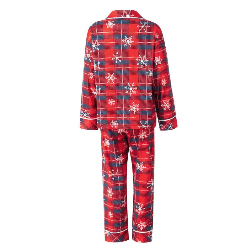 Red Matching Christmas Pajamas For Family Snowflake Plaid Print Long Sleeve Button Tops and Casual Pants Sleepwear