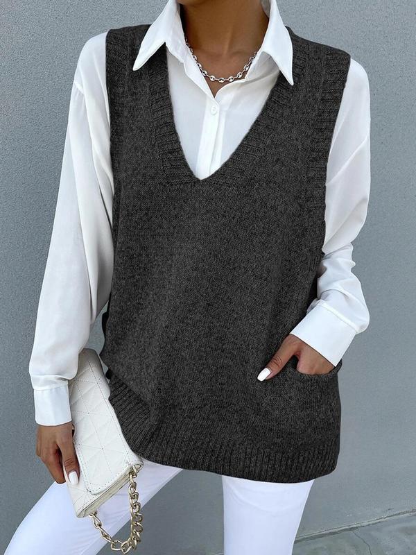 Women's Solid V Neck Sweater Vest, Casual Sleeveless Knit Top for Spring & Fall, Fashion Women's Knitwear for Daily Wear