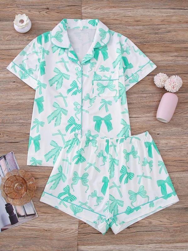 Two-Piece Set Women's All Over Bow Print Pocket Button Front Shirt & Bow Decor Shorts Pyjama, Casual Comfy Short Sleeve Lapel Top & Elastic Waist Shorts PJ Set, Ladies Summer Sleepwear, 2000s Wear 2000S Wear