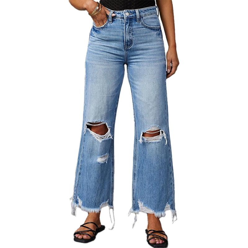 Women's High Waisted Straight Ankle Wide Leg Ripped Jeans Frayed Hem Stretchy Capri Denim Pants