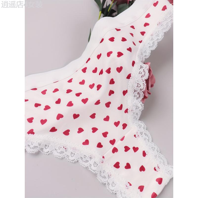 3pcs Cute Heart & Fruit Print Thongs, Lace Trim Comfy Intimates Panties for Women Fabric Panty