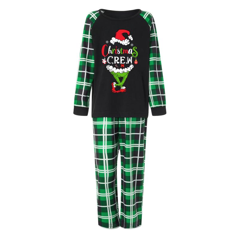 Green Family Matching Christmas Pajamas, Letter Print Long Sleeve Tops and Plaid Pants Sleepwear Set