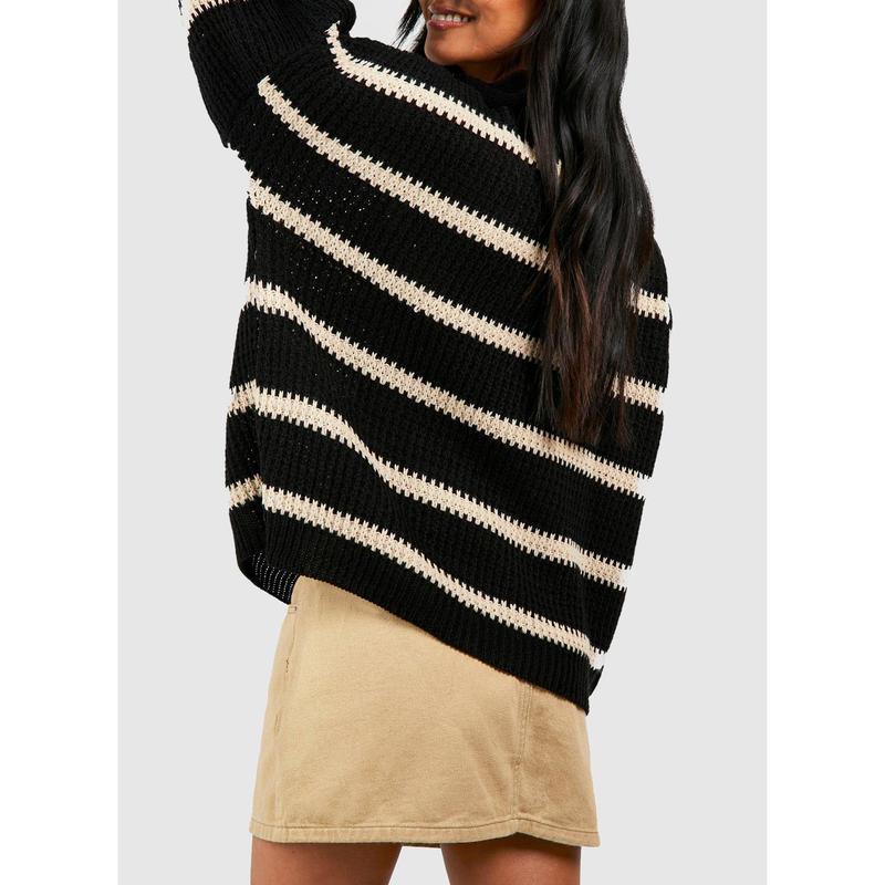 Dokotoo CHUNKY OVERSIZED STRIPE V NECK JUMPER women's pullover sweater