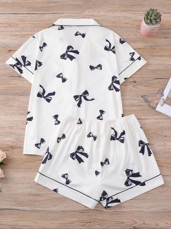 Two-Piece Set Women's Bow Print Short Sleeve Tee & Elastic Waist Shorts Pyjama, Casual Comfy Round Neck T-shirt & Shorts PJ Set, Ladies Summer Sleepwear