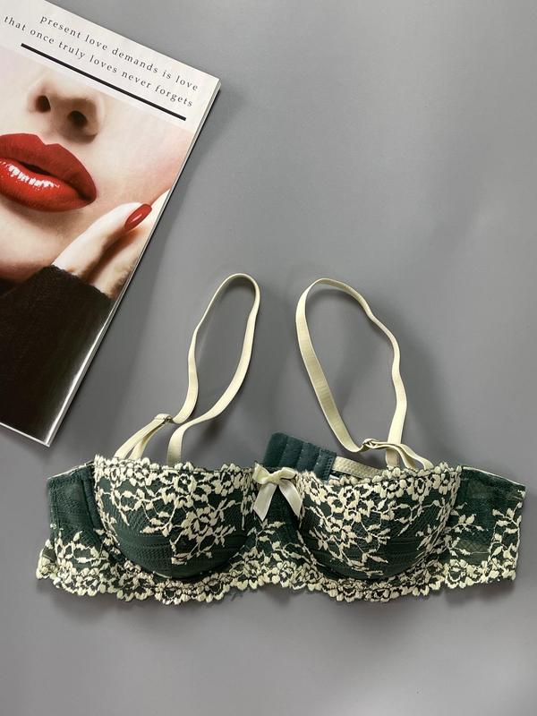 Women's Chic Bow Decor Underwire Lace Bra, Lady Sexy Comfort Floral Print Adjustable Spaghetti Strap Push Up Bra, Bras for Women, Fashion Underwire Lingerie for All Seasons, Womenswear Underwear