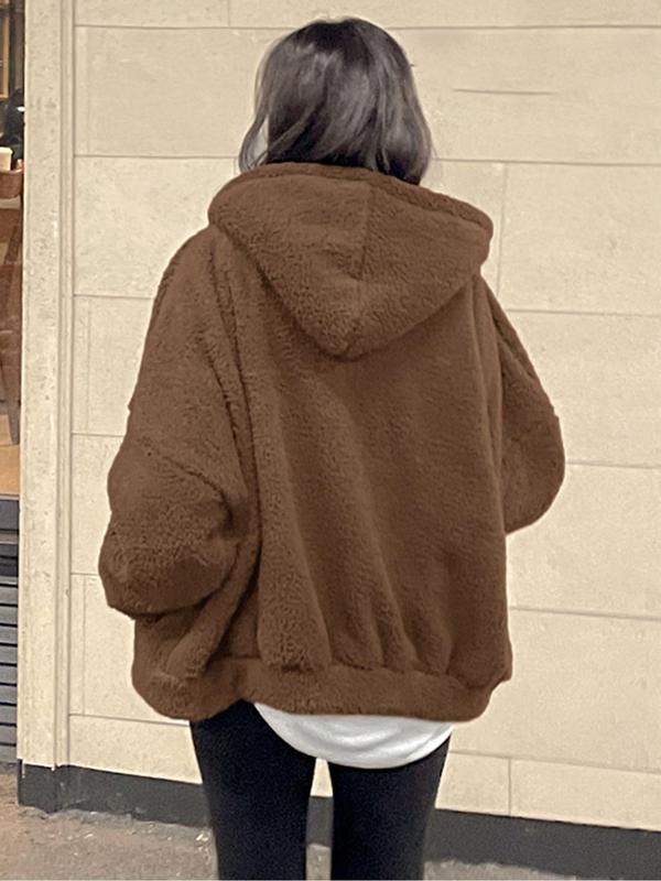 Women's Solid Color Drawstring Pocket Hooded Fuzzy Jacket, Casual Long Sleeve Zip Up Outerwear for Fall & Winter, Women's Clothes for Daily Wear