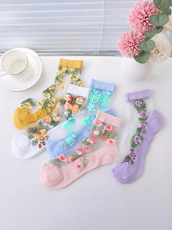 Women's Floral Embroidery Contrast Lace Ankle Socks, Casual Comfy Breathable Socks for Daily Wear, Ladies Socks for All Seasons