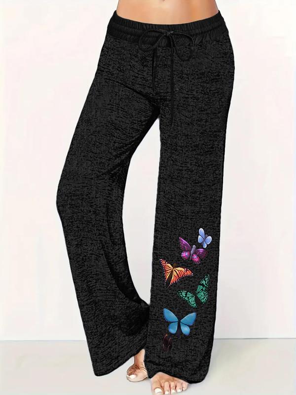  Butterfly Print Drawstring Waist Straight Leg Pants, Casual Comfy Trousers for Daily Wear, Women's Bottoms for All Seasons