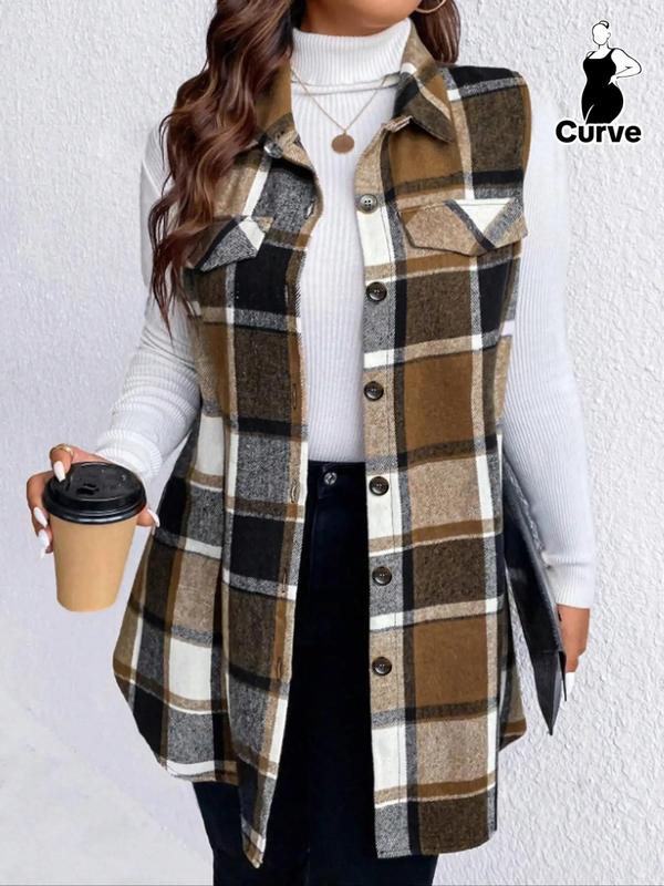  Plaid Print Button Front Curved Hem Vest Coat, Casual Sleeveless Collared Outerwear for Fall & Winter, Women's Clothes for Daily Wear, Fall Clothes