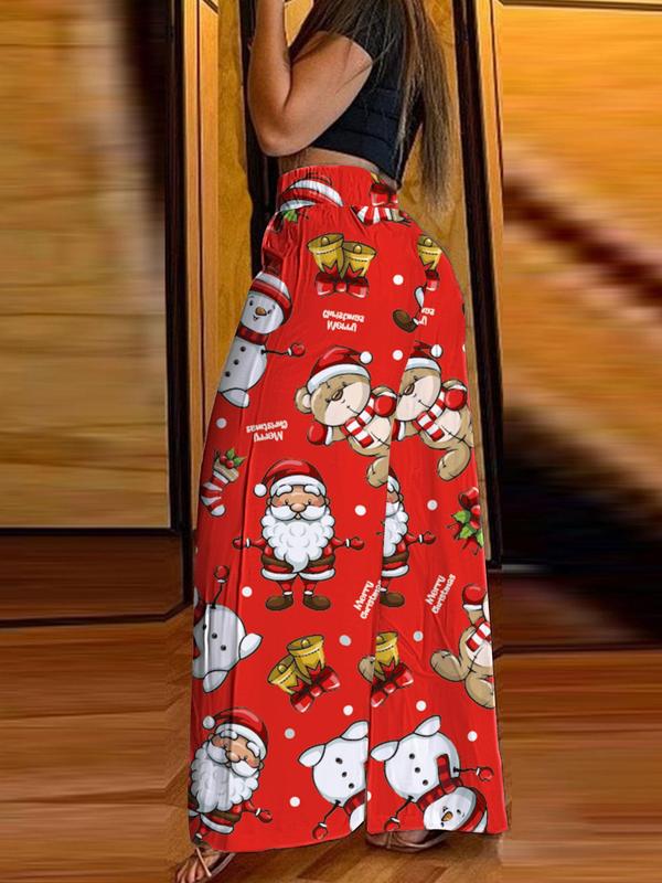 Women's Christmas Themed Cartoon Print Shirred Wide Leg Pants, Casual Comfy Elastic Waist Trousers for Daily Wear, Ladies Bottoms for All Seasons