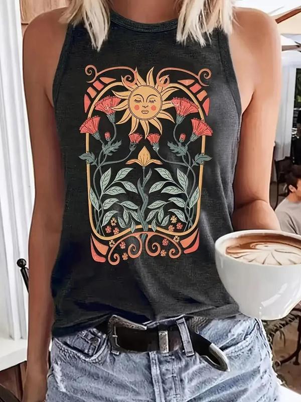 Women's Floral & Sun Print Round Neck Tank Top, Casual Sleeveless Top for Daily Wear, Tank Tops for Women, Ladies Summer Outfit