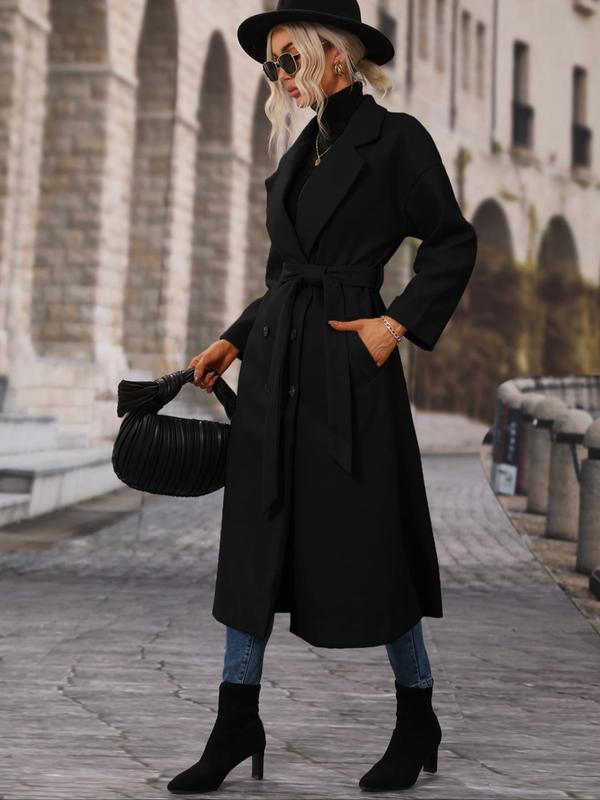 Women's Solid Double Button Belted Coat, Casual Long Sleeve Lapel Neck Pocket Coat for Fall & Winter, Women's Outwear Clothing for Daily