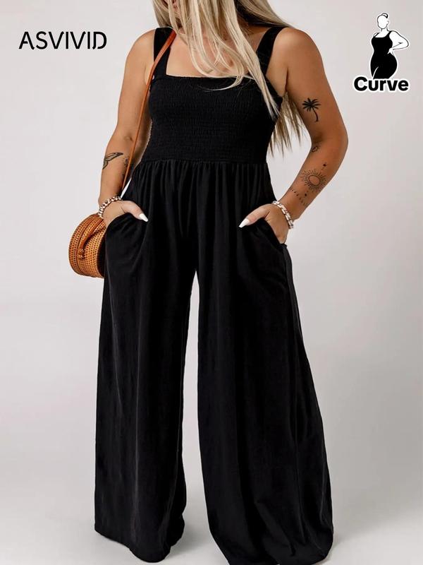 Plus Size Plain Shirred Pocket Wide Leg Jumpsuit, Casual Square Neck Sleeveless Jumpsuit, Women's Summer Clothes for Daily Wear