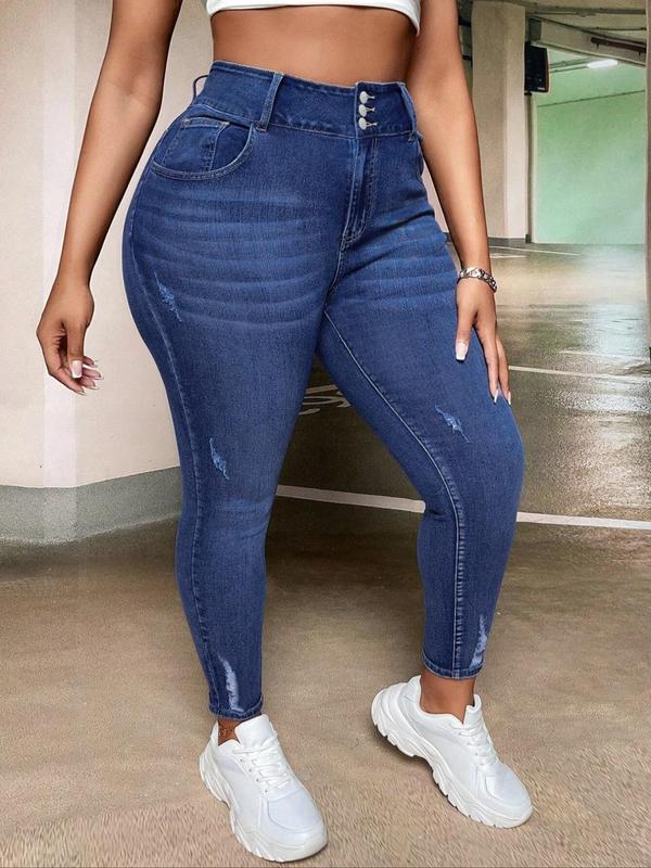 Plus Size Ripped High Waist Denim Pants, Fashion Casual Skinny Jeans for Daily Outdoor Wear, Women Plus Clothing for All Seasons