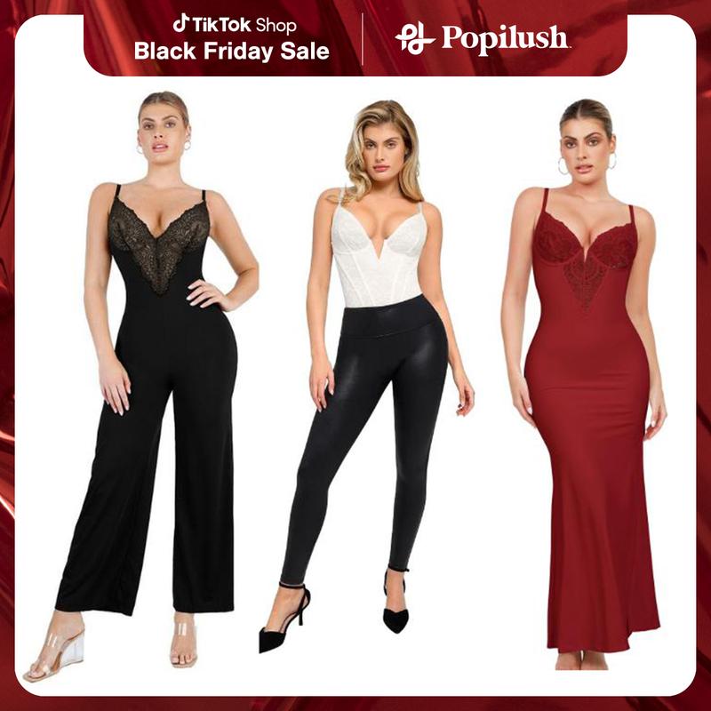 Popilush Built-In Shapewear Lace Dress & Lace Wide-Leg Jumpsuit & Lace Corset Style Deep-V Neck Shapewear Bodysuit Official Live