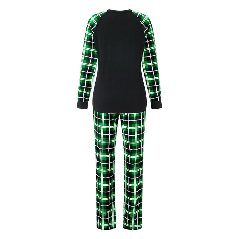 Green Family Matching Christmas Pajamas, Letter Print Long Sleeve Tops and Plaid Pants Sleepwear Set