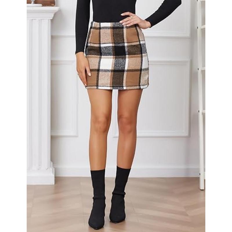 Women's High-Waisted Plaid Half Skirt Christmas Skirt Fall and Winter Versatile Skirt Pencil Wool Mini Skirt Multi-Color Optional Women's Elastic