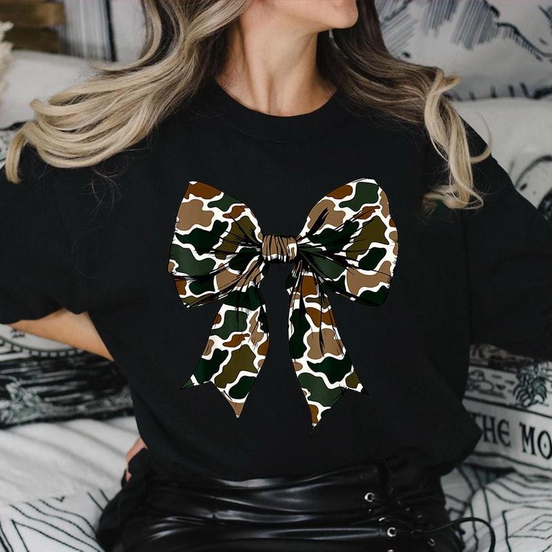 Camo Coquette Bow Sweater, Dove Season Shirt, Girls Camo Bow Shirt, Hunting Coquette Bow Sweatshirt, Camo Dude, Cotton Round Neck Tee, Unisex Shirt for Men and Women, Menswear, Womenswear Printed Tops Lady new trend