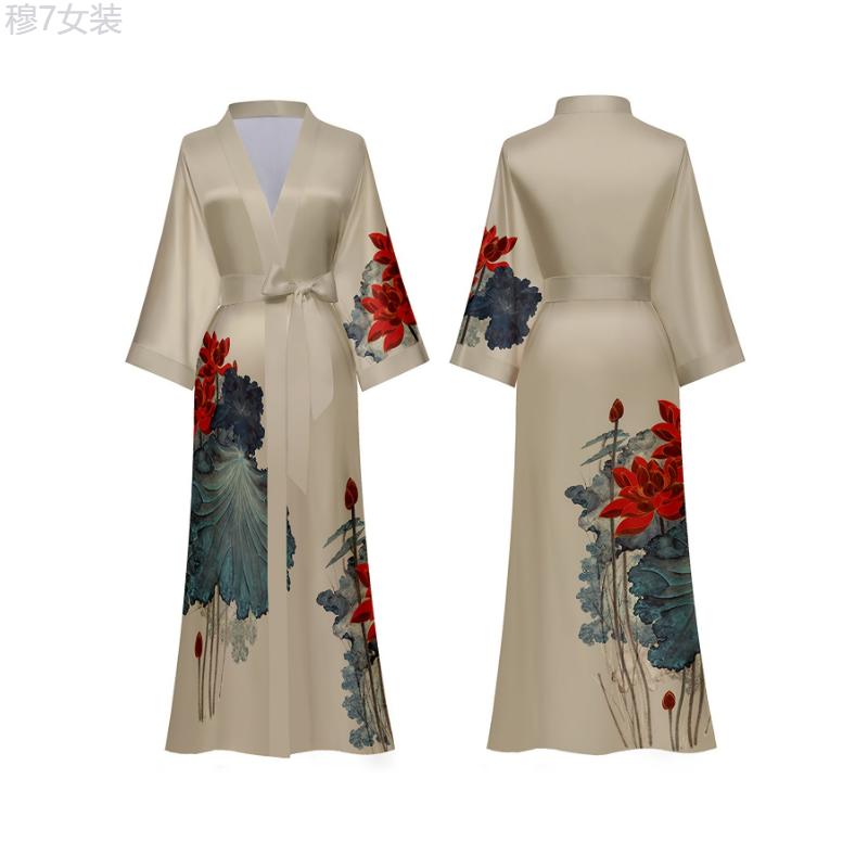 Plus Size Elegant Long Robe - Soft Graphic Print, Long Sleeve, Slight Stretch, One-Size Fits Most, Comfortable, Luxurious, Ramadan-Inspired Design, Women's Bathrobe for Relaxation Womenswear Collar Dress Loungewear Gowns Nightwear bridal robes Fabric