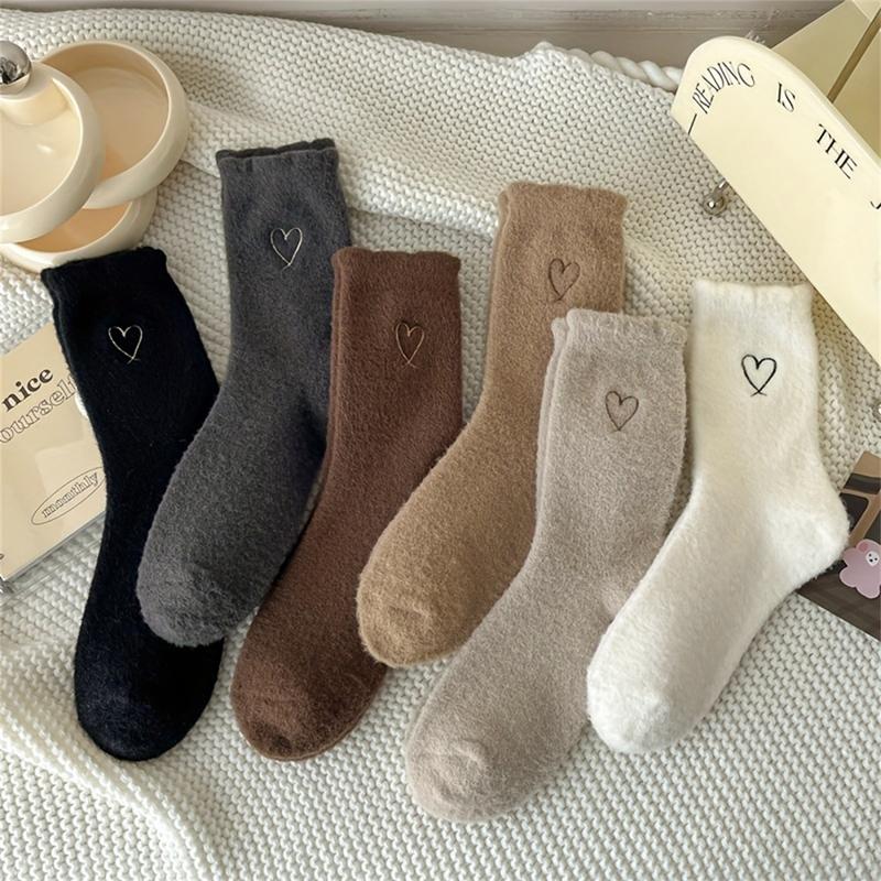 6 Pairs of Ultra Comfy Heart Embroidery Fuzzy Socks, Warm Women's Stockings & Hosiery for Cold Weather