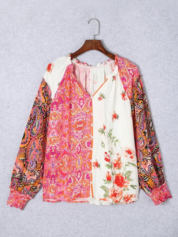 Women's Floral Print Frill Trim Shirred Notched Blouse, Boho Bishop Sleeve Button Front Top for Spring & Fall, Women's Long Sleeve Clothing for Daily Wear