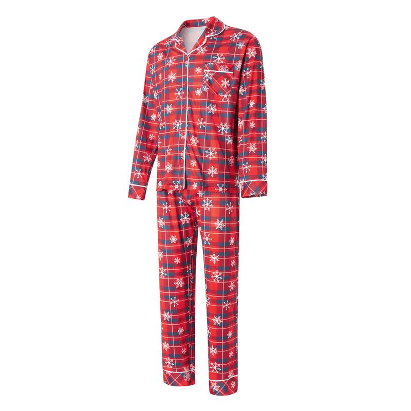 Red Matching Christmas Pajamas For Family Snowflake Plaid Print Long Sleeve Button Tops and Casual Pants Sleepwear